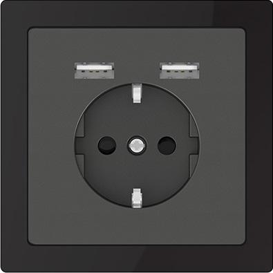 Merten D-Life csatlakozóaljzat dupla USB töltővel (ónixfekete keret, antracit betét)